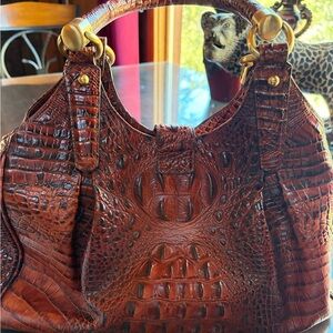 Leather Croc-Embossed Satchel - Brown